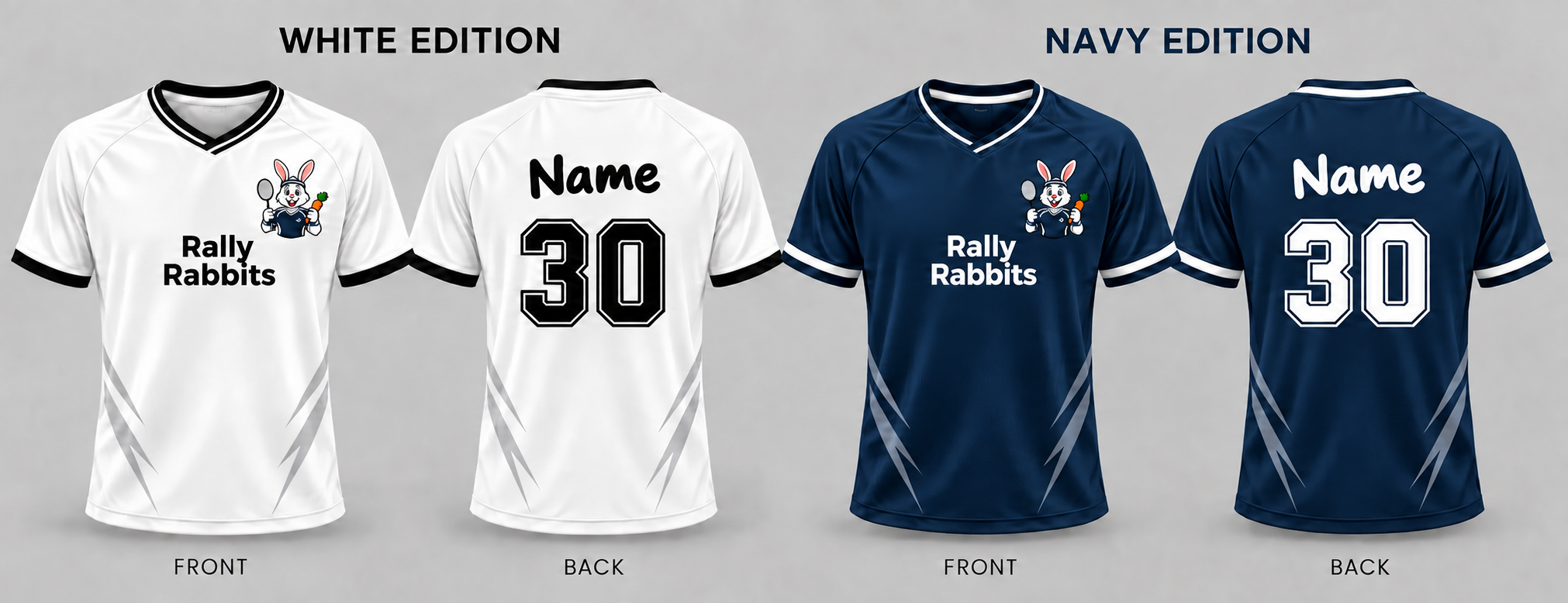 White and navy blue Rally Rabbits jersey options, each shown front and back with the supplied rabbit logo, Name and number 30