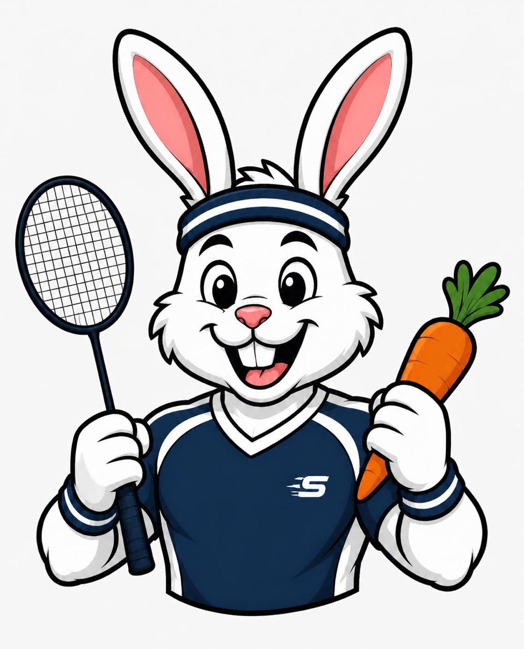 Rally Rabbits mascot holding a badminton racket and carrot